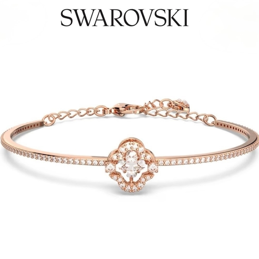 Swarovski Una bangle-Clover, White, Rose gold-tone plated, Adjustable New In Box